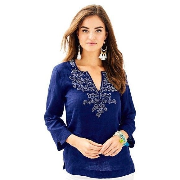 Lilly Pulitzer Amelia Island Tunic True Navy Linen Beaded Large NWT MSRP $178 - Picture 1 of 13